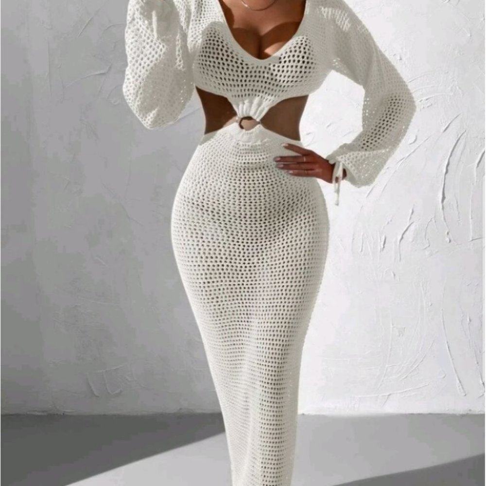 White knit cut out cover up dress summer beachy vacay - Picture 5 of 8